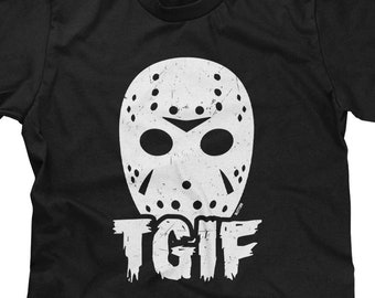 May include: Black t-shirt with a white hockey mask graphic and the text "TGIF" printed on the front.