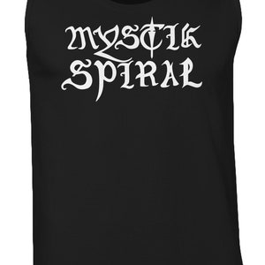 a black tank top with white lettering that says, mystika sprall