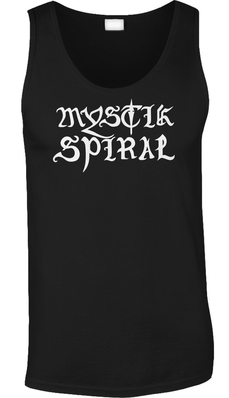 a black tank top with white lettering that says, mystika sprall