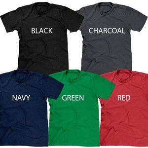 a group of t - shirts that say black, charcoal, red, and green