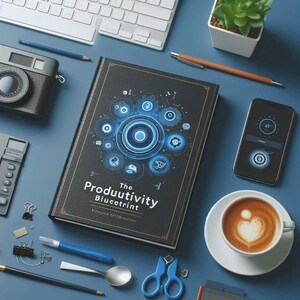 Peut inclure: Un livre noir avec un motif circulaire bleu et blanc sur la couverture. Le titre du livre est "The Productivity Blueprint". Le livre est sur une surface bleue avec un appareil photo, une calculatrice, une tasse de café, un smartphone, un crayon, une paire de ciseaux, une cuillère et une plante dans un pot blanc.