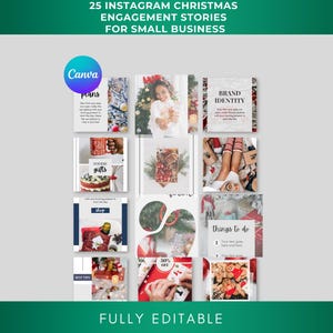 Puede incluir: Una cuadrícula de plantillas de historias de Instagram con temática navideña. Las plantillas presentan imágenes de regalos, comida y decoraciones festivas. El texto incluye "25 Instagram Christmas Engagement Stories for Small Business" y "Fully Editable."