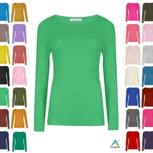 Womens Long Sleeve Round Neck Plain Basic Ladies Stretch T-Shirt Top UK 8-26