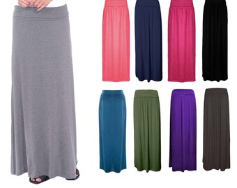 Women Pleated Fold Over high waist gypsy skirt ladies long maxi jersey UK 8-26