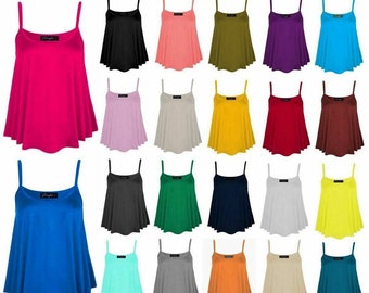 Women Plain Swing Vest Sleeveless Top Strappy CAMI Ladies Flared UK Size