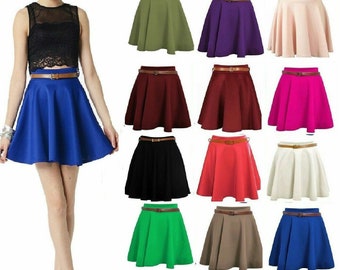 Women plain Belted Flared Short mini skater women swing Party Skirt UK8-26