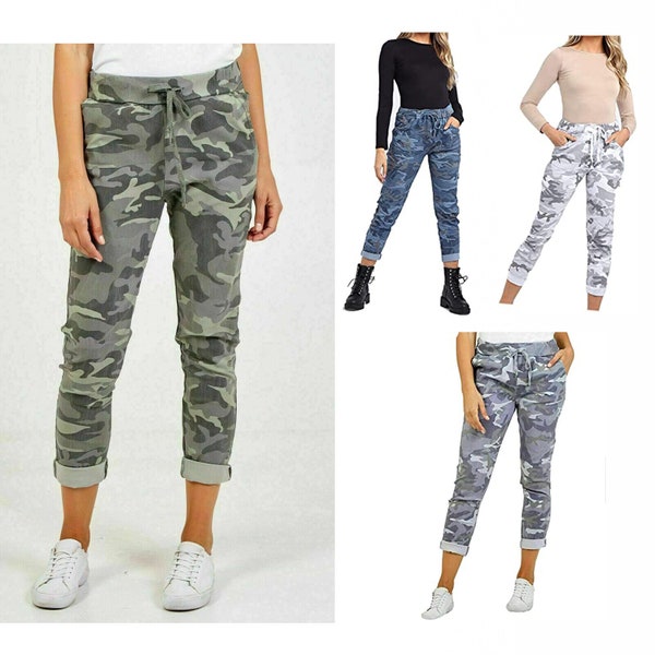 Ladies women ITIALIAN stretch camouflage army trouser magic joggers UK 8-26