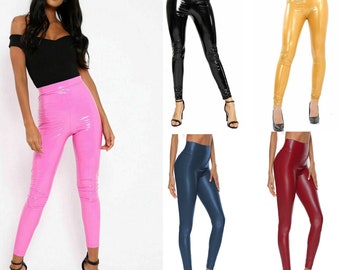 Women wet shiny VINYL leather high waist skinny pants trouser stretch leggings