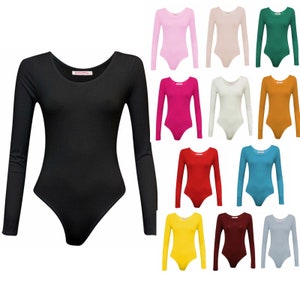 Women long sleeve leotard Bodysuit top ladies stretch body top tee shirt UK 8-26