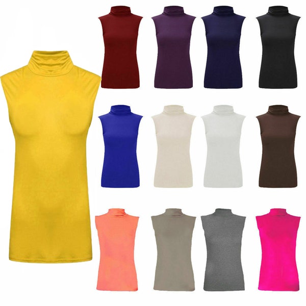Ladies sleeveless turtle Polo Neck Top woman plain roll neck top jumper 8-26