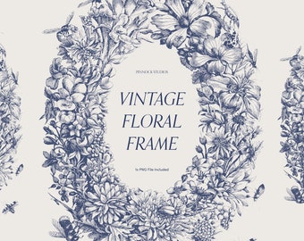 High Baroque Frames | png | Wedding invite frame | Vintage Floral Frame | Hand drawn clipart | Line art frame | vintage clipart | blue |