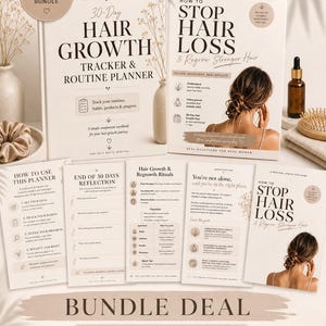 Op de afbeelding: Een bundel met haargroeigidsen en een planner. Het hoofdboek heet "30-Day Hair Growth Tracker & Routine Planner". Het andere boek heet "How to Stop Hair Loss & Regrow Stronger Hair". De bundel bevat digitale producten voor haarverzorging.