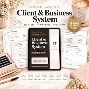 May include: A digital planner for lash technicians titled Ultimate Lash Tech Client & Business System, featuring 232 hyperlinked pages for Goodnotes. The display shows a tablet with a dark brown interface, surrounded by lash trays, tweezers, and a mug.