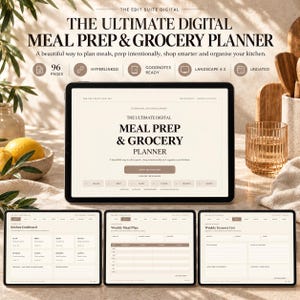 May include: A digital meal prep and grocery planner displayed on a tablet screen, featuring 96 pages, hyperlinked navigation, and a landscape 4:3 ratio. The interface includes sections for kitchen dashboard, weekly meal plans, and grocery lists.