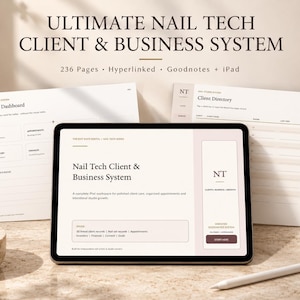 Planificador de negocios para técnicos de uñas para GoodNotes, sistema de registro de clientes y reservas.