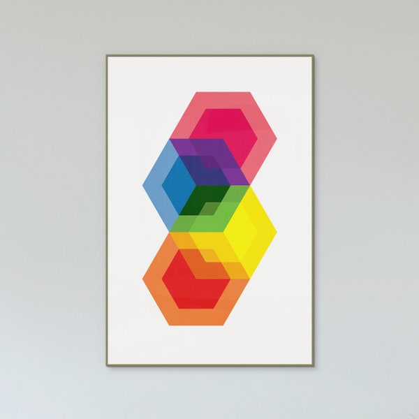 Risograph Style Wall Art Print, Colorful Geometric Poster, Hexagon Printable Wall Art, Shapes Illustration Poster