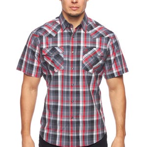 Men&#39;s Western Short Sleeve Pearl Snaps Plaid Shirt-PS400S-402