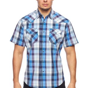 Men&#39;s Western Short Sleeve Pearl Snaps Plaid Shirt -PS400S-468
