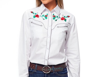 May include: White long-sleeve button-down shirt with a floral embroidery design featuring red roses and green leaves. The shirt has a pointed collar and two chest pockets with silver snaps.