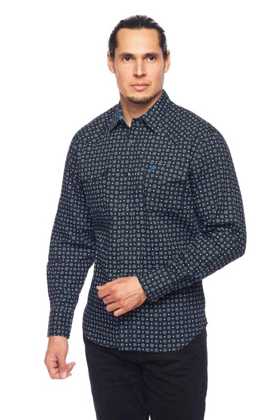 Chemise Homme Fish Hippie Style Western - Taille L - Polyester à Carreaux Gris-bleu - Neuf Sans étiquette