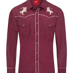 May include: A maroon long-sleeved button-down shirt with white piping and embroidered horses on the chest.