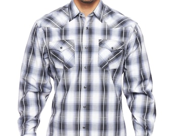 Men's Western Long Sleeve Pearl Snap Plaid Shirt -PS400-486