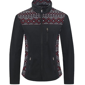 May include: A black softshell jacket with a geometric pattern in red, white, and black on the collar, chest, and sleeves.