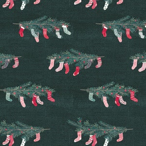 May include: A green and white Christmas fabric with a repeating pattern of red and white stockings hanging from a green branch with red berries.