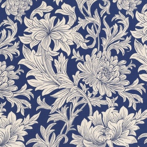 William Morris Chrysanthemum Fabric: 100% Cotton, Tonal Blue