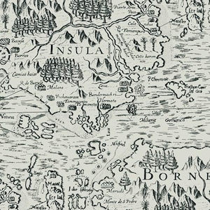 May include: A vintage black and white map of an island with the word "INSULA" in the center. The map shows mountains, rivers, and towns. The island is surrounded by water and other islands. The map is labeled with place names in a cursive font.