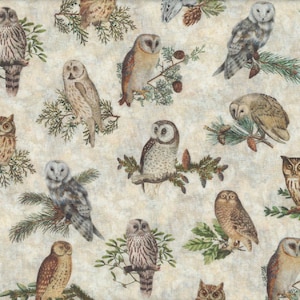 Ecru Owl Fabric by Quilting Treasures: Rustic Forest Fauna Cotton