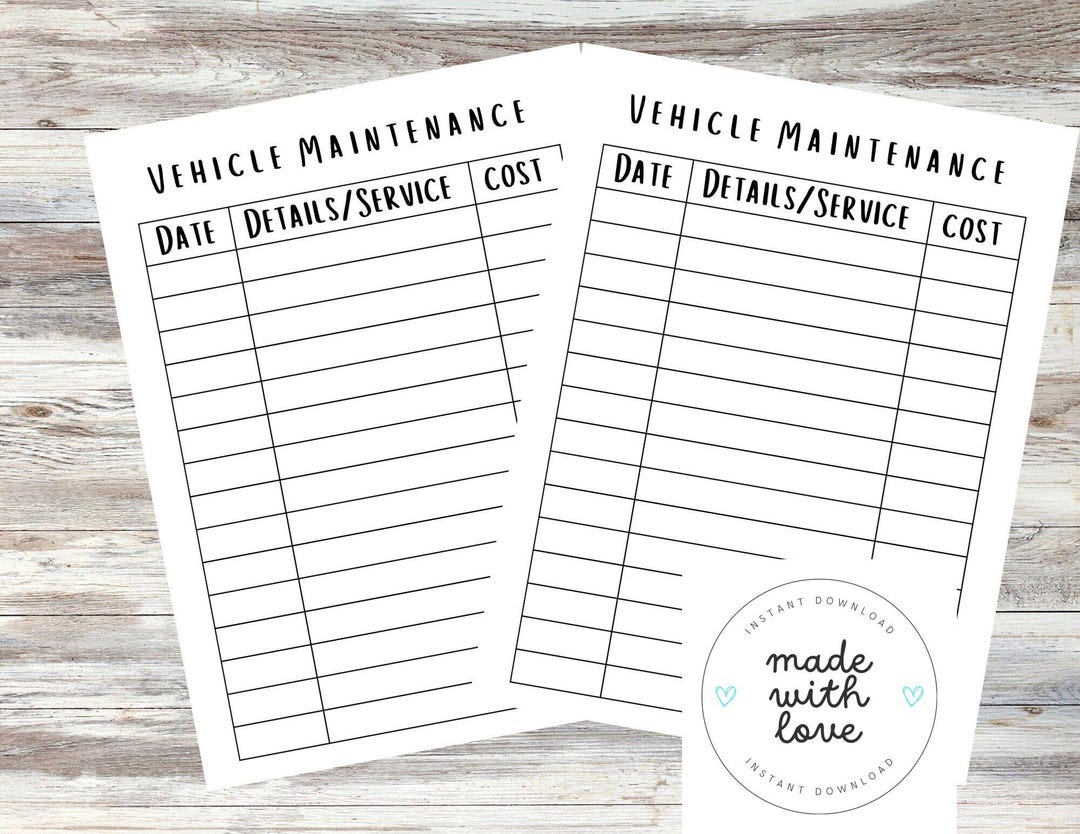 Vehicle Maintenance Log Printable - A5 Size PDF Download - Auto Repair ...