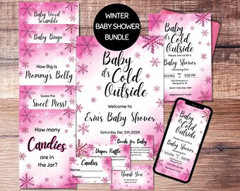 Baby it's Cold Outside Winter Baby Shower Bundle, Pink Snowflake Printable Baby Shower Games, Editable Winter Baby Shower Templates
