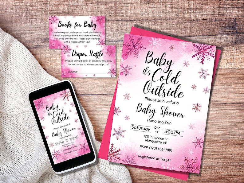 Baby It's Cold Outside Winter Baby Shower Invitations pink, Editable ...