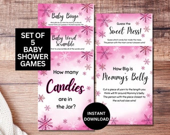 May include: Set of 5 baby shower games with a pink and white snowflake background. The games include Baby Bingo, Baby Word Scramble, How Many Candies Are In The Jar, Guess The Sweet Mess, and How Big Is Mommy's Belly.