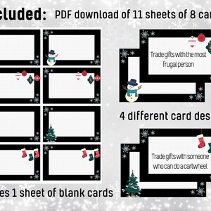 May include: Printable Christmas gift exchange cards with four different designs. The cards feature a snowman, a Christmas tree, ornaments, and stockings. The text on the cards reads "Trade gifts with the most frugal person" and "Trade gifts with someone who can do a cartwheel".