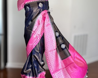 Dark blue Banarasi tissue silk saree with stitched blouse