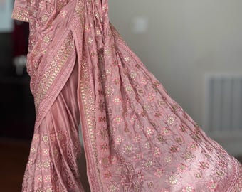 Mauve Satin Silk Saree: Gota Embroidery, Bollywood Party Wear