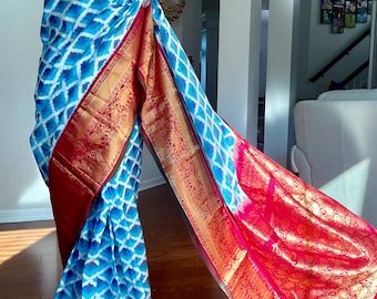 Blue with Red Combination handwoven Kanjivaram Ikat pure silk saree with unstitched blouse piece