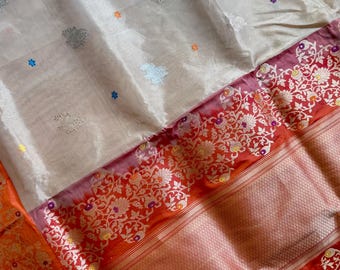 Luxury pieceHandloom Banarasi Pure Kora tissue  silk kadhuwa meenakari - beige/gold orange combo