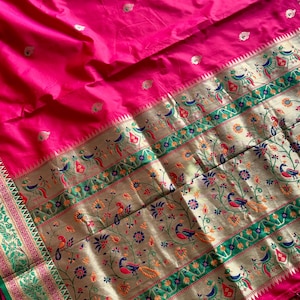 Hot pink color with green combination paithani semi silk saree with stitched blouse