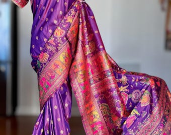 Purple Color Silk saree with beautifu  Dancer theme with stitched blouse
