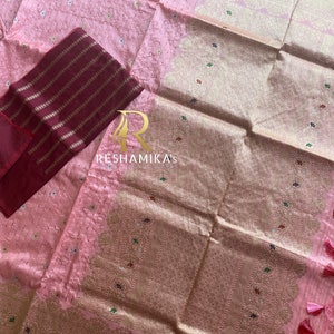 Peachish Pink Handloom Banarasi Pure katan silk Saree kadhuwa meenadar bundi work