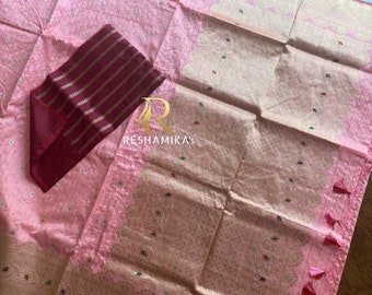 Peachish Pink Handloom Banarasi Pure katan silk Saree kadhuwa meenadar bundi work