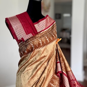 Gold and red handwoven Sambalpuri pure Ikkat silk saree From Odisha Weaves