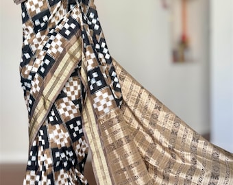 Sambalpuri Double Ikat Pure Silk Saree | Handwoven Odisha Pasapali Toupe Color