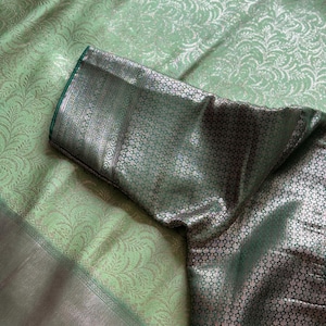 Apple green Color Banaras brocade soft silk saree with stitched blouse in dark green