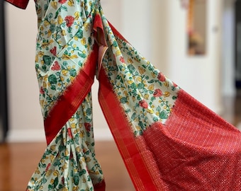 Light mint color kalamkari digital print silk saree with stitched blouse| shipping from USA