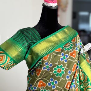 Green color Ikat inspired inspired soft silk saree with stitched blouse| shipping from USA