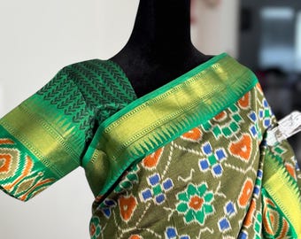 Green color Ikat inspired inspired soft silk saree with stitched blouse| shipping from USA